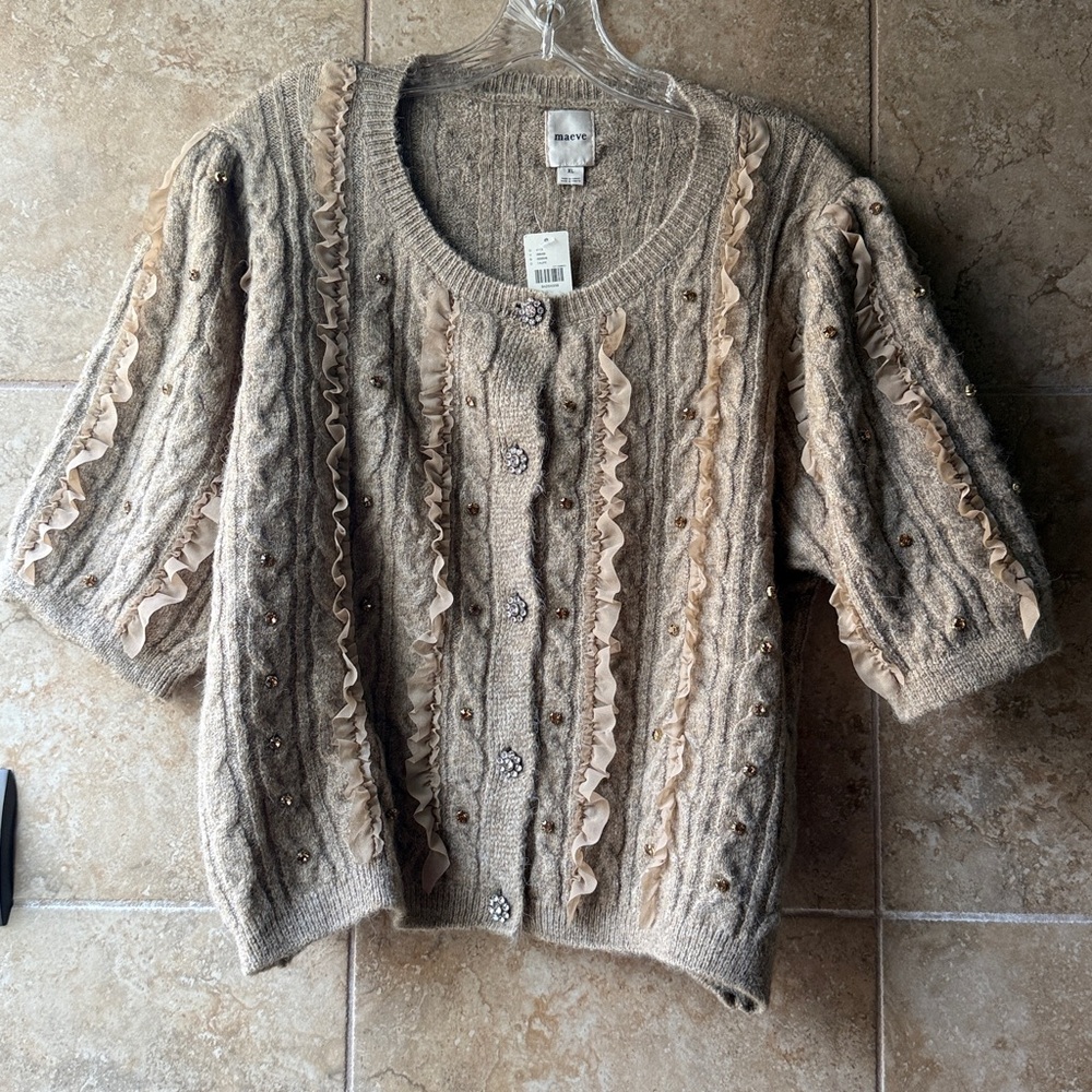 Maeve Ruffled Embellished Short Sleeve Cardigan Sweater Sparkle Anthropologie XL - Picture 2 of 16